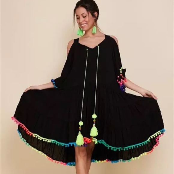 Neon PomPom Trim Black Swing Dress - Picture 4 of 10